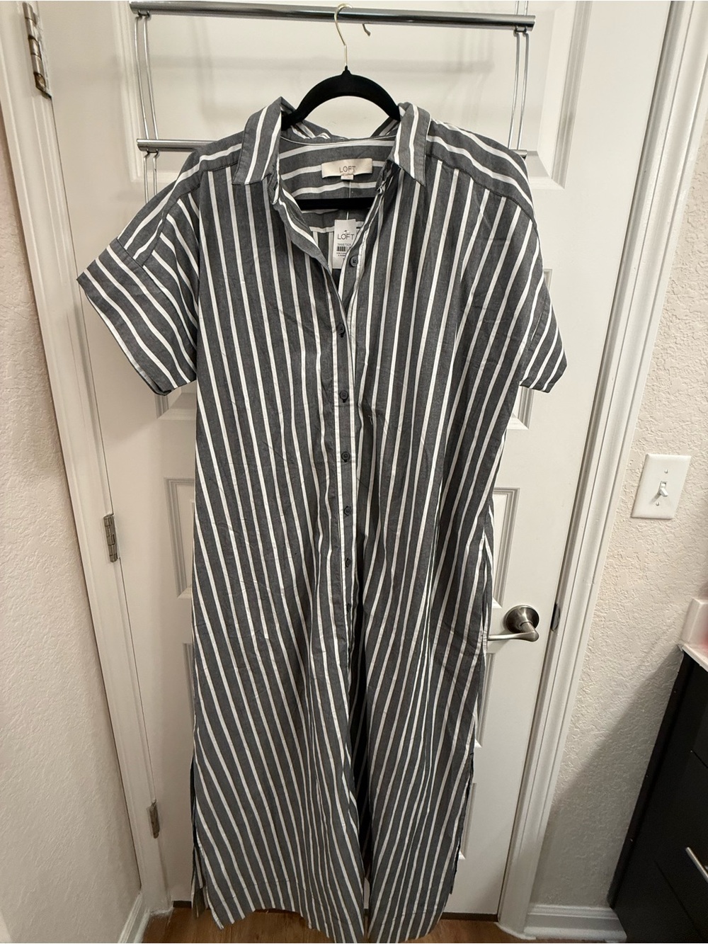 LOFT Gray and White Striped Maxi Shirt Dress